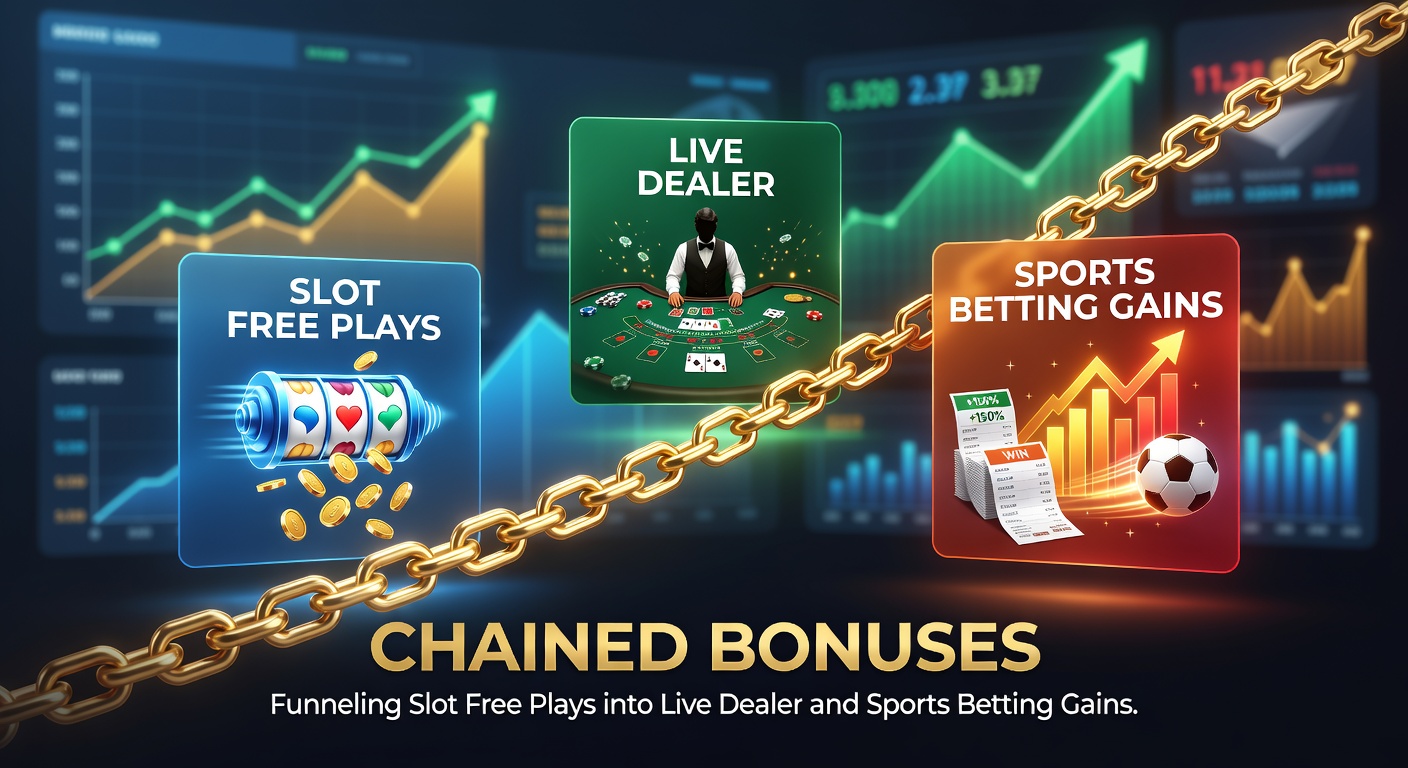 Grafische weergave van geketende bonussen waarbij free plays van slots leiden naar live dealer en sportweddenschappen