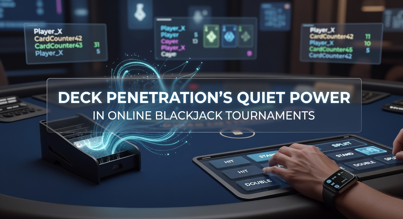 Grafische weergave van een blackjack-deck met penetratielijn die de diepte van kaarten delen illustreert in een online toernooi setting