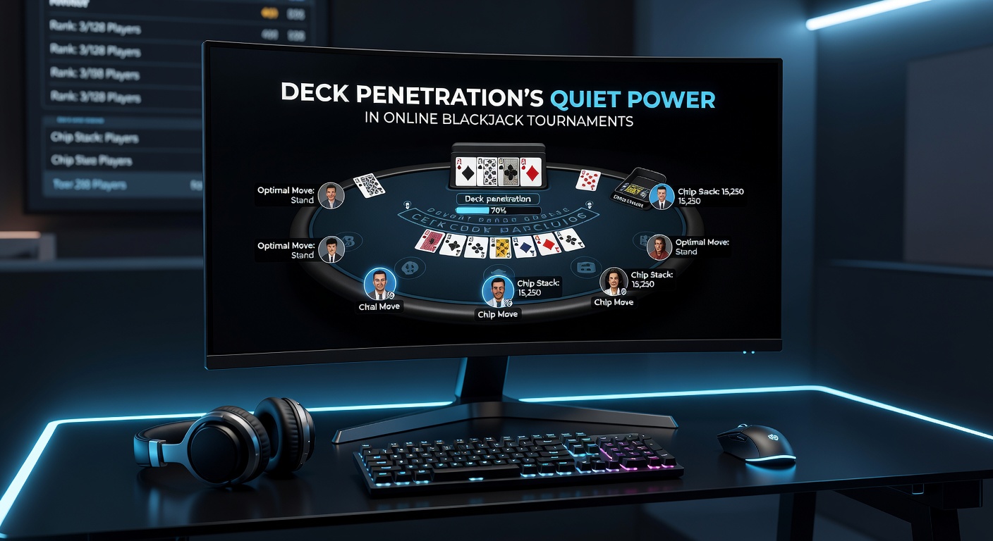 Schermafbeelding van een live online blackjack toernooi met deck tracker overlay die penetratiepercentages toont tijdens een spannende finale ronde