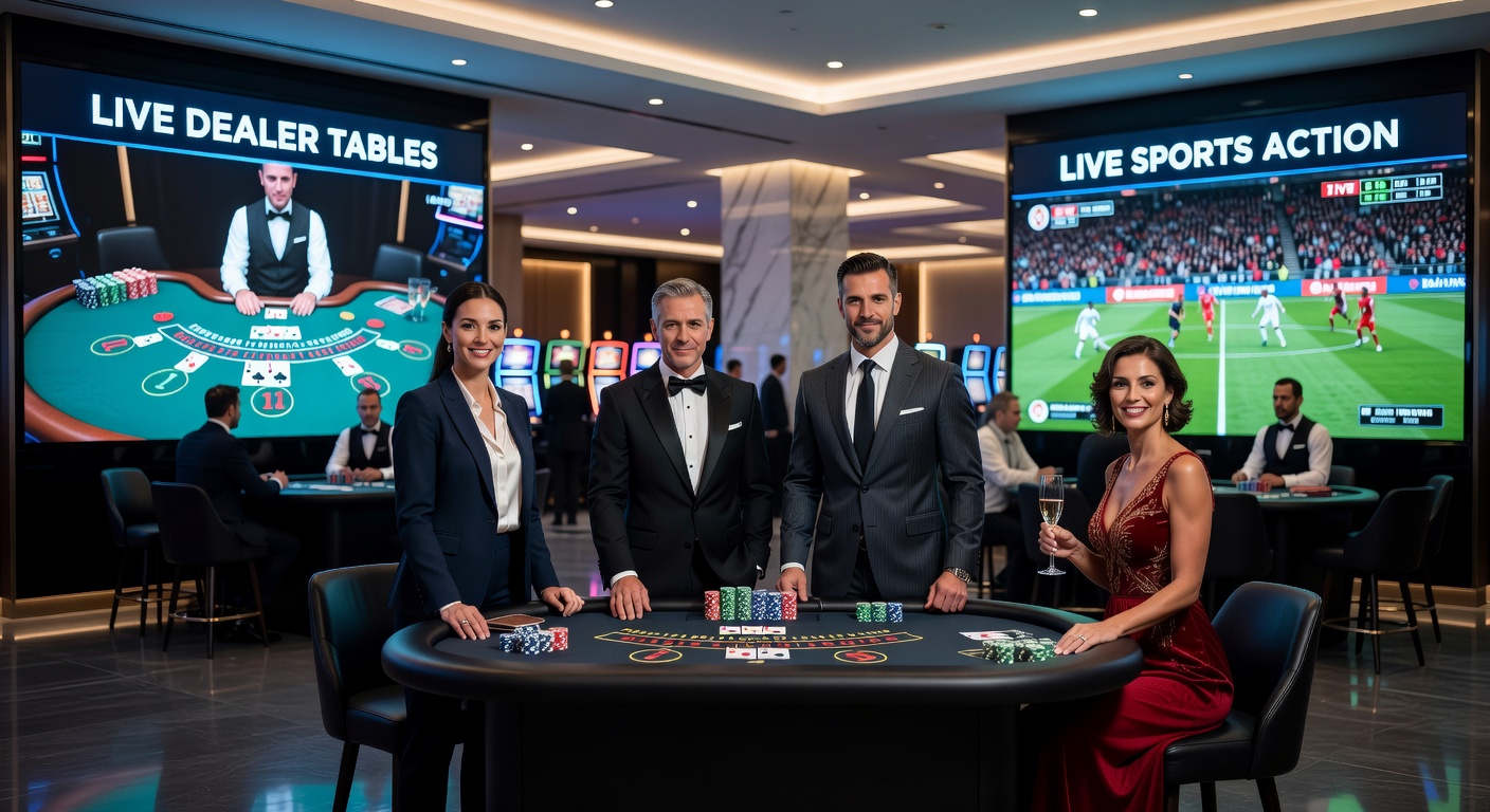 Dedicated host die een highroller begeleidt aan een exclusieve live dealer blackjacktafel met sportweddenschappen op de achtergrond