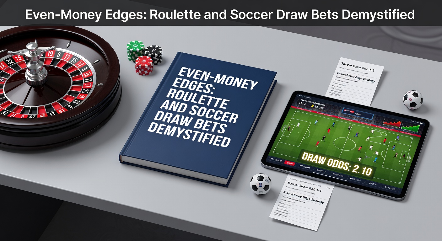 Roulettewiel met even-money inzetten naast een voetbalveld met een gelijkspelstand, symboliserend de parallellen tussen casinospel en sportweddenschappen