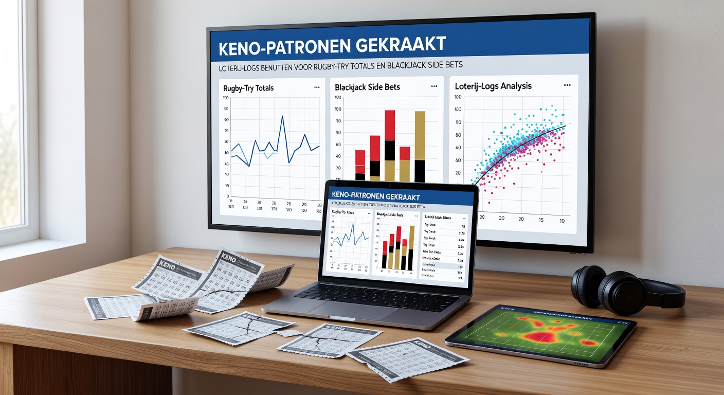 Grafiek met Keno-ballen en data-analyse overlays, symboliserend patronen in loterij-logs