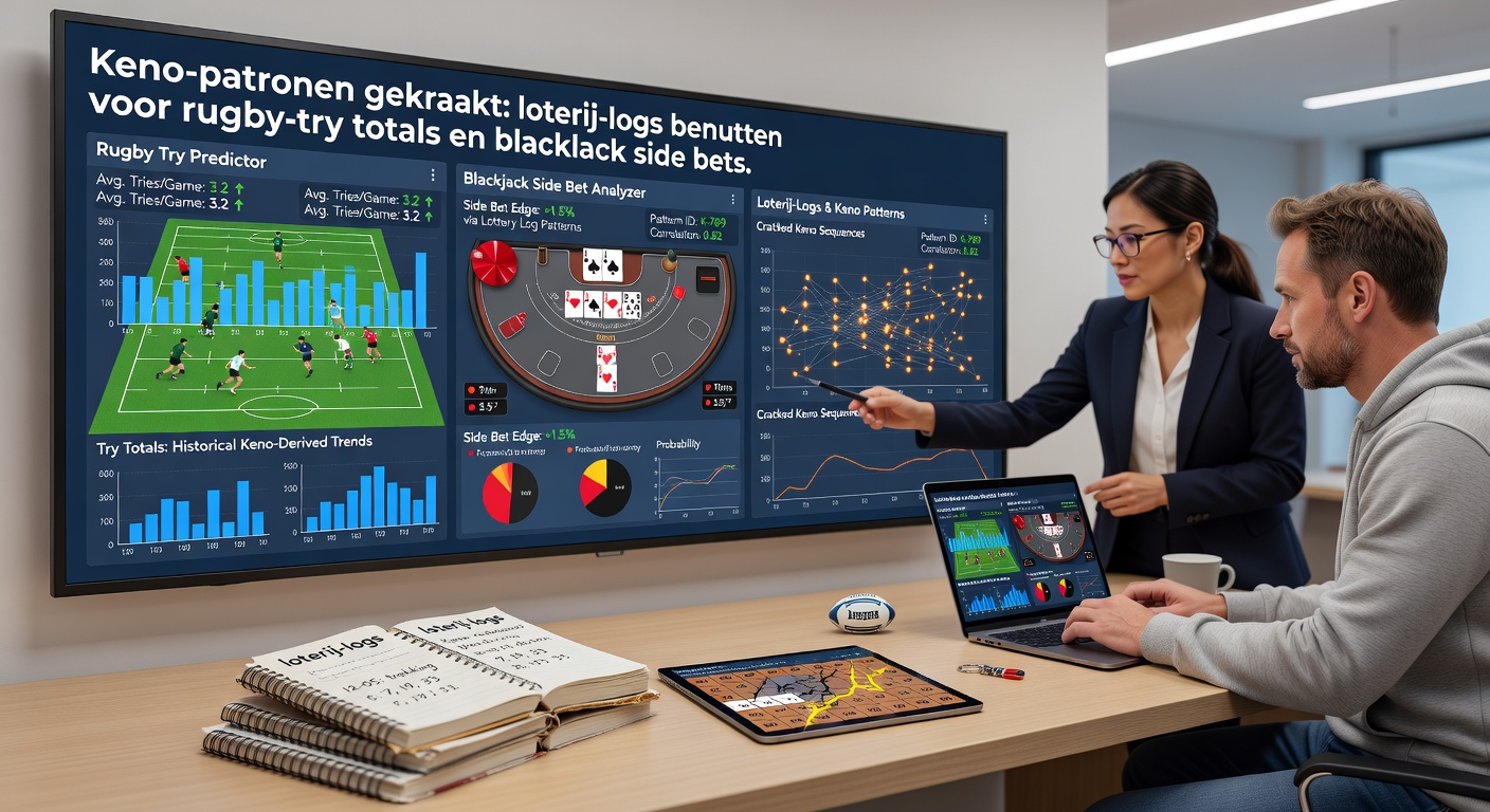 Visualisatie van rugby-spelers scoren tries naast Keno-nummerwielen en blackjack-kaarten, illustrerend data-overdracht