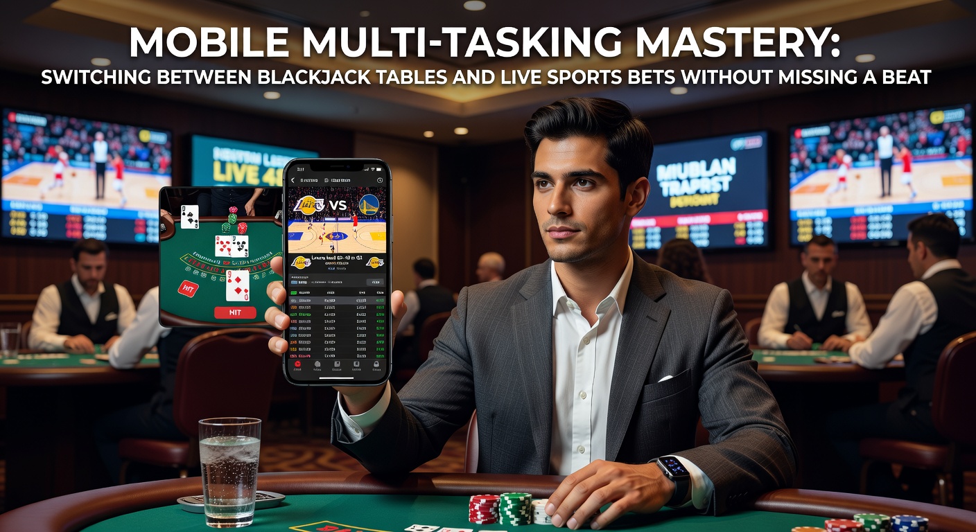 Speler met smartphone die blackjack speelt terwijl een live voetbalwedstrijd op de achtergrond loopt, symboliserend perfect multi-tasking in mobiel gokken
