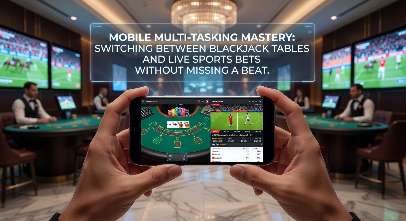 Smartphone split-screen met blackjack tafel links en live basketbalwedstrijd rechts, illustrerend multi-tasking in actie tijdens een spannend moment