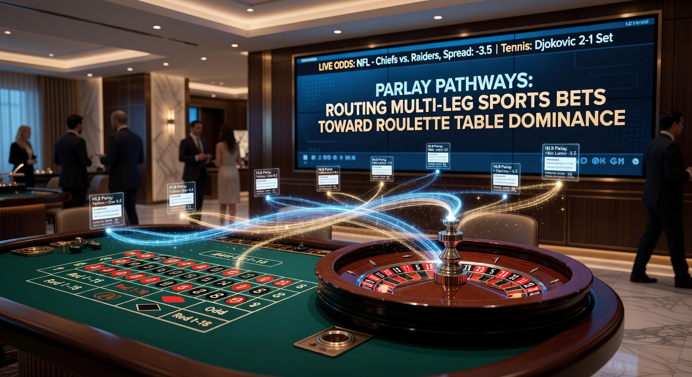 Grafiek met multi-leg parlay weddenschappen die overlopen in roulette inzetten, met pijlen die winsten routeren