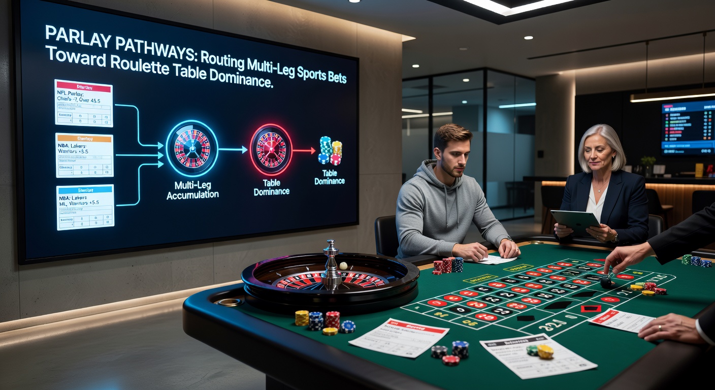 Voorbeeld van een parlay flowchart die winsten routeert naar een draaiend roulette wiel, met odds berekeningen en uitbetalingsstromen