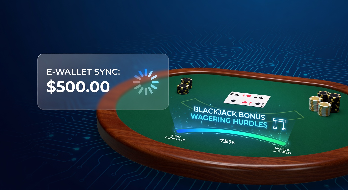 Grafiek van e-wallet transacties gekoppeld aan blackjack bonusprogressie, met pijlen die fondsenstromen illustreren tussen wallet en casinotafel