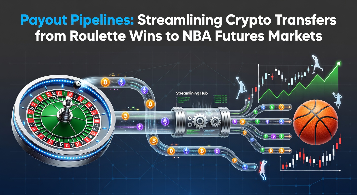 Grafiek van crypto-stromen tussen casino-roulette en NBA-futures weddenschappen, met pijlen die winsten illustreren die snel overlopen