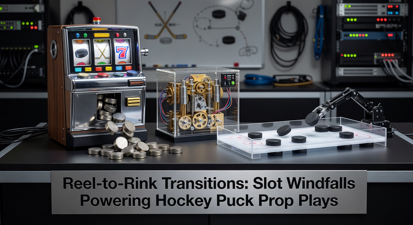 Slotmachine rollen die overgaan in een ijshockeybaan met vliegende pucks en windfall-symbolen