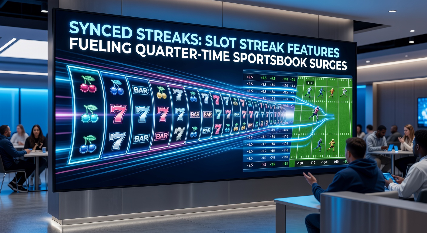 Slotmachine met streak-functie die een winning streak toont, gekoppeld aan een sportsbook interface tijdens een sportkwartier