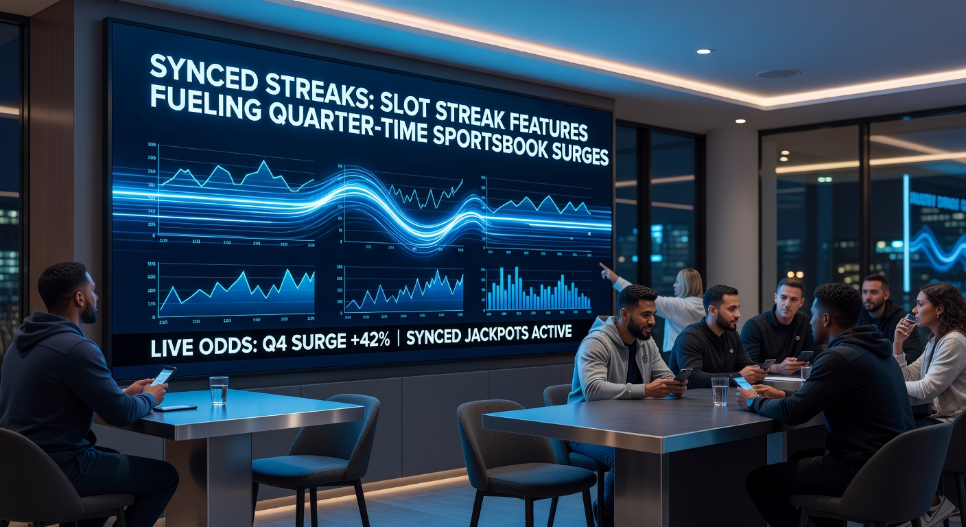 Grafiek met pieken in sportsbook volume tijdens quarter-times, overlappend met slot streak activiteit