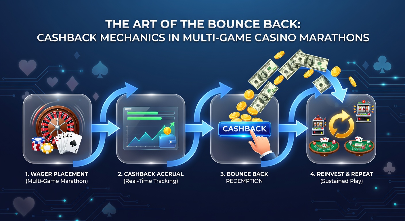 Grafiek die cashback percentages toont in casino-spellen, met pijlen die verliezen omzetten in terugbetalingen tijdens lange sessies