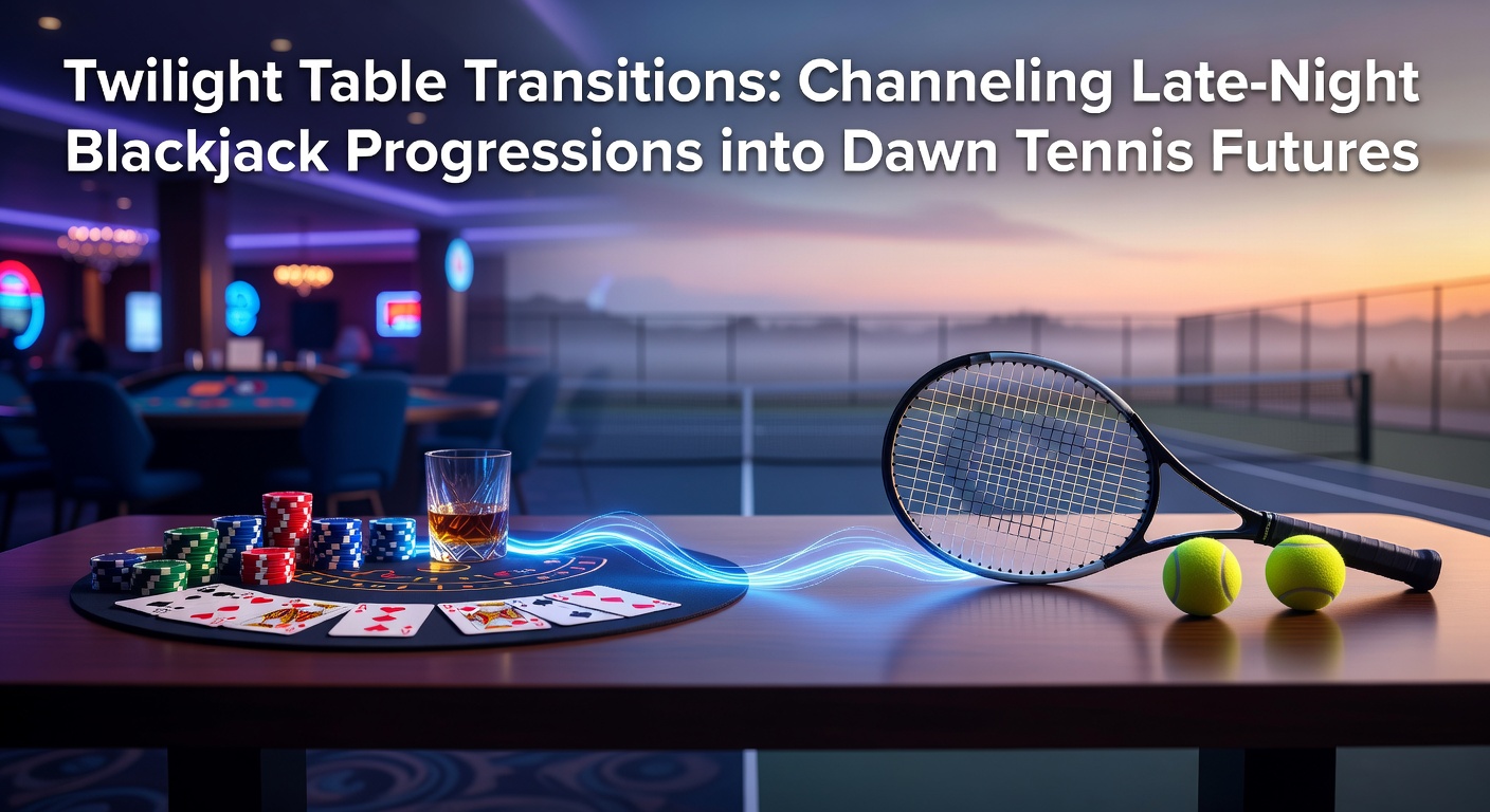 Blackjack tafel in schemerlicht overgaand naar een tennisbaan bij zonsopgang, symboliserend de transitie van nachtelijk casinospel naar ochtend sportweddenschappen