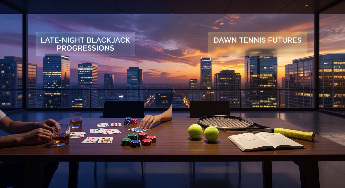Grafiek van bankrollgroei van blackjack naar tennis futures, met pijlen die nachtelijke progressies verbinden met ochtendmarkten