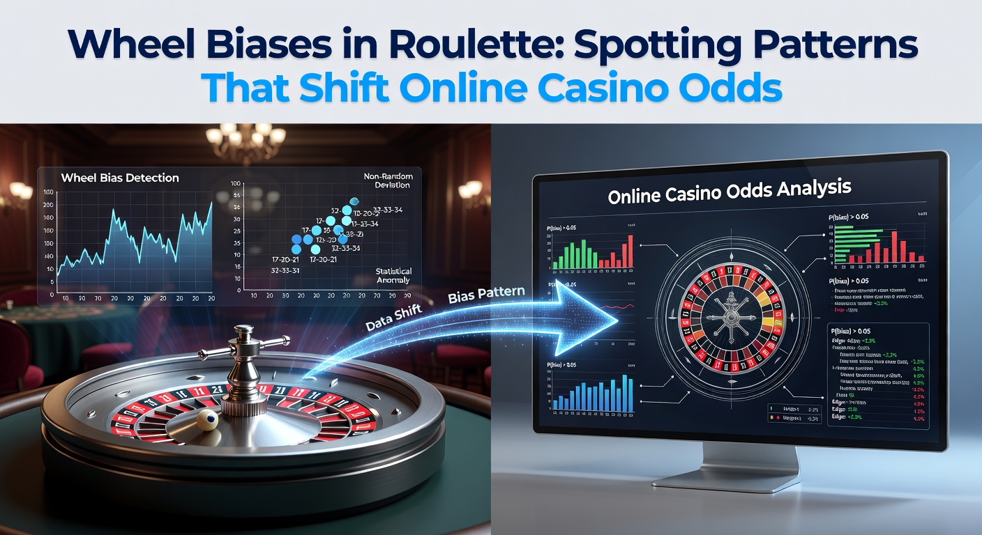 Een close-up van een roulettewiel met zichtbare slijtage die mogelijke biases onthult, terwijl de bal draait in een online casino-omgeving